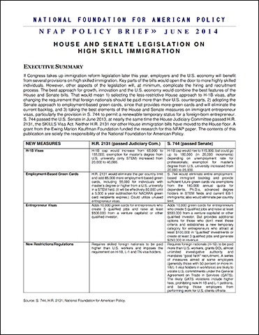 House and Senate Legislation on High Skill Immigration | NFAP Policy Brief