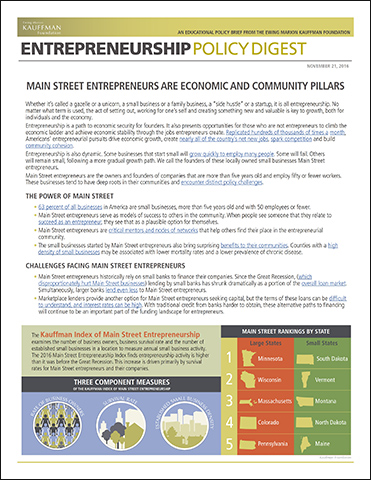 Main Street Entrepreneurs are Economic and Community Pillars | Entrepreneurship Policy Digest