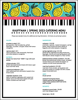 A cover of the Kauffman Foundation Conference Center catering menu, Spring 2023