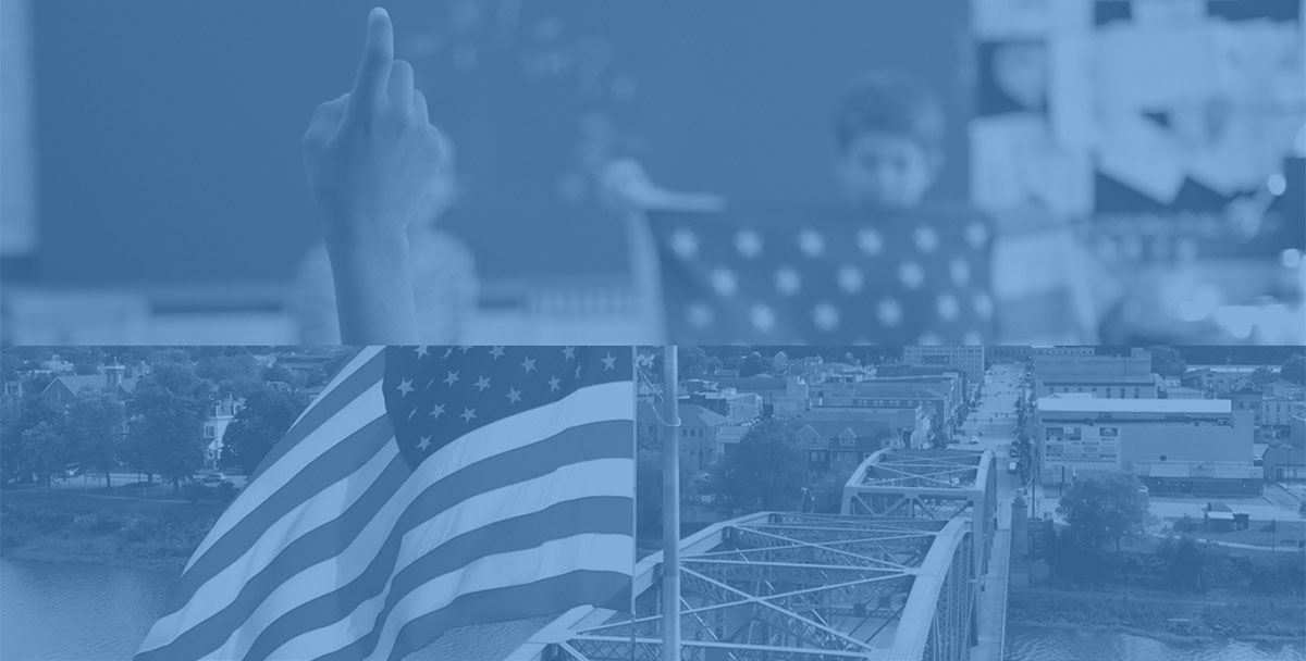 A photo collage of a student raising a hand in a classroom and the American flag on top of a bridge.