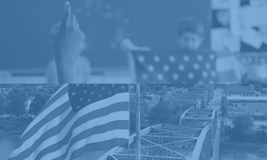 A photo collage of a student raising a hand in a classroom and the American flag on top of a bridge.