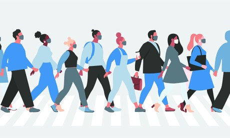 Illustrations of people walking across the street wearing face masks