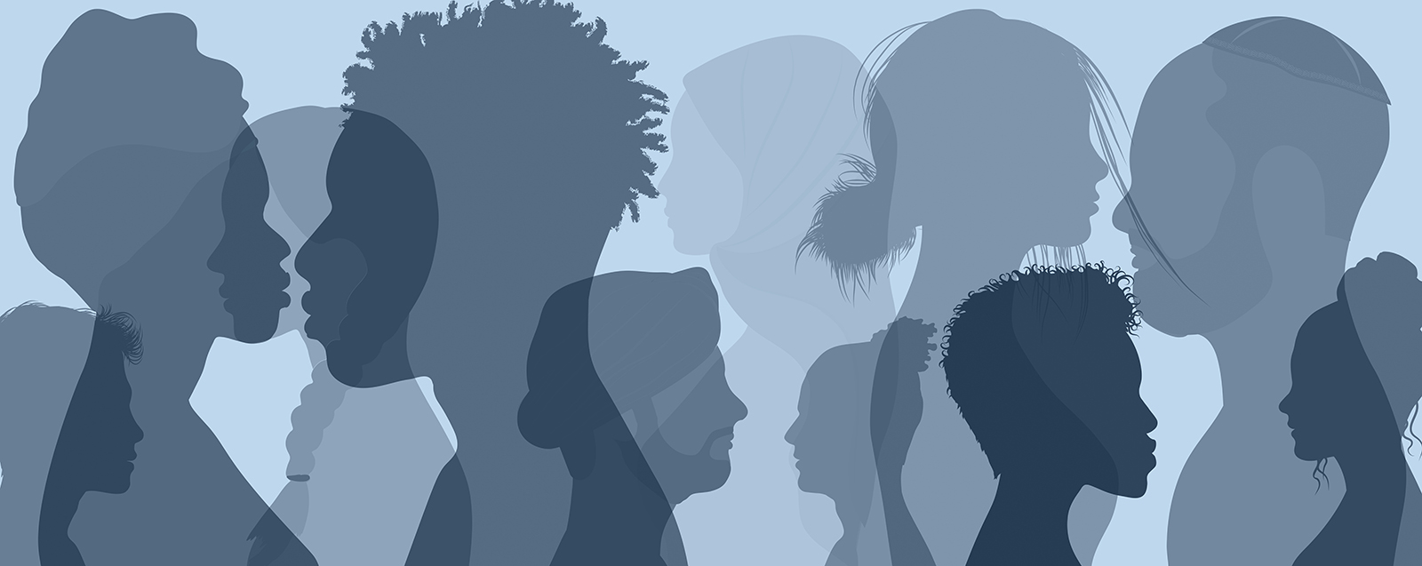 Collage of people's side profiles with a blue overlay