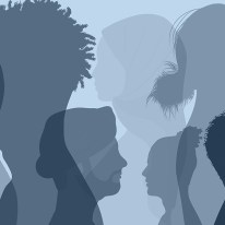 Collage of people's side profiles with a blue overlay