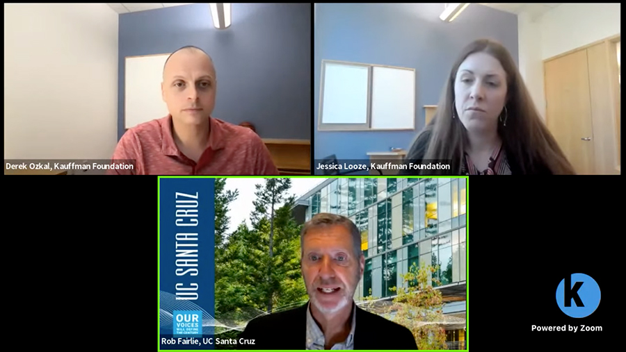 A still from a livestream featuring Kauffman Foundation's Derek Ozkal and Jessica Looze, and University of California, Santa Cruz's Robert Fairlie