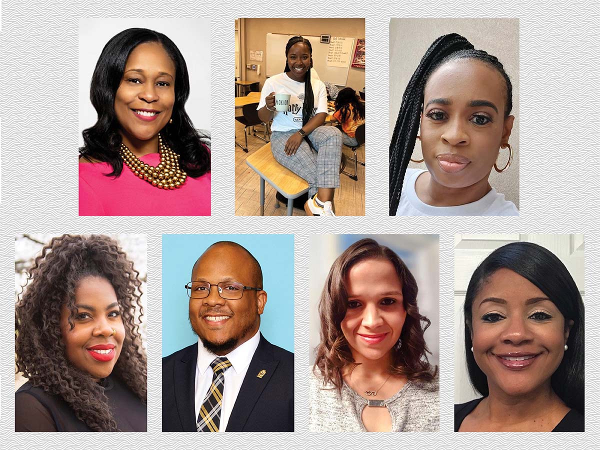 A photo collage of Jennifer Collier, Kayla McClellan, Rickina Rand, Rasheedat Yahaya, Richard Abram, Michelle Aguierre-Hill, and Kellee Ranson, 