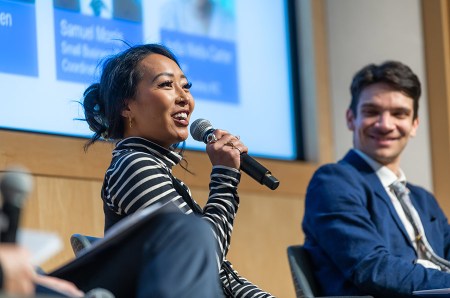Panelist and entrepreneur Jackie Nguyen speaks into a microphone.