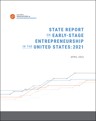 The cover of a Kauffman Indicators report titled, "State Report on Early-Stage Entrepreneurship in the United States"