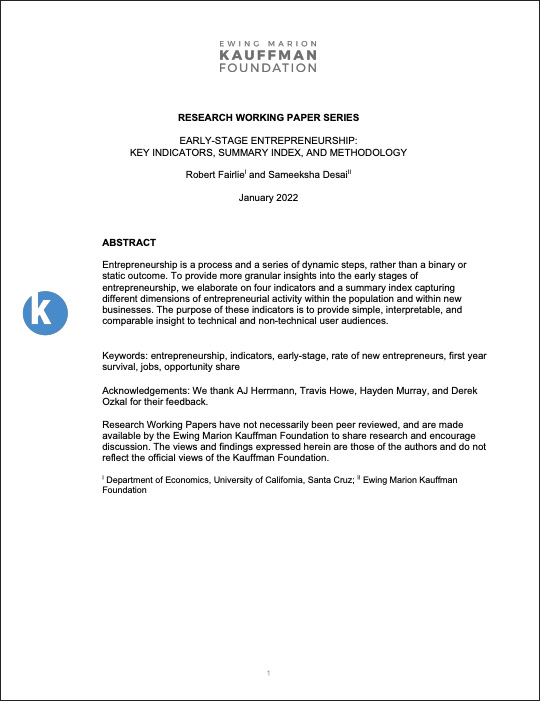 A methods paper titled, "Early-Stage Entrepreneurship: Key Indicators, Summary Index, and Methodology"