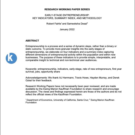 A methods paper titled, "Early-Stage Entrepreneurship: Key Indicators, Summary Index, and Methodology"