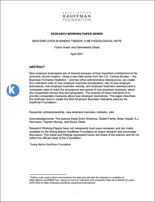 A cover of the methods paper titled, "New Employer Business Trends: A Methodological Note"