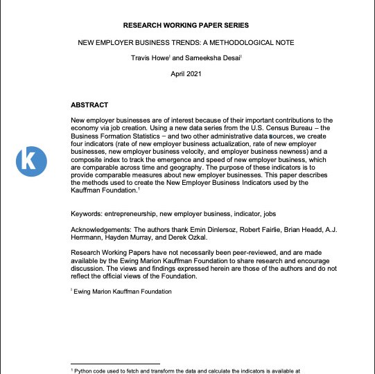 A cover of the methods paper titled, "New Employer Business Trends: A Methodological Note"