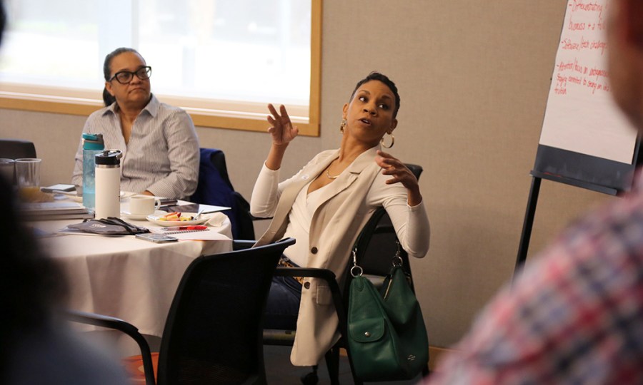 Nia Richardson, managing director of KC Bizcare, in conversation with ecosystem builders from Kansas City inside the Kauffman Foundation Conference Center.