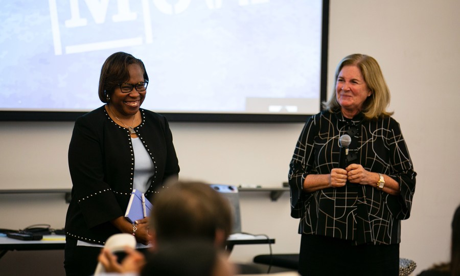 Kauffman Foundation President and CEO Dr. DeAngela Burns-Wallace sits with Kauffman Foundation Board of Trustees Chair Esther George.