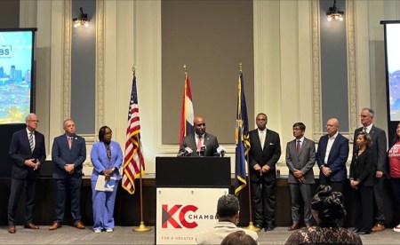 Mayor of the City of Kansas City, Missouri, Quinton Lucas is joined by DeAngela Burns-Wallace, Ed.D., president and CEO of the Kauffman Foundation, as well as other key stakeholders during the announcement that out of 300+ applications nationwide, Kansas City was selected as one of 31 communities to be designated a Tech Hub by the U.S. Department of Commerce under the CHIPS Act.