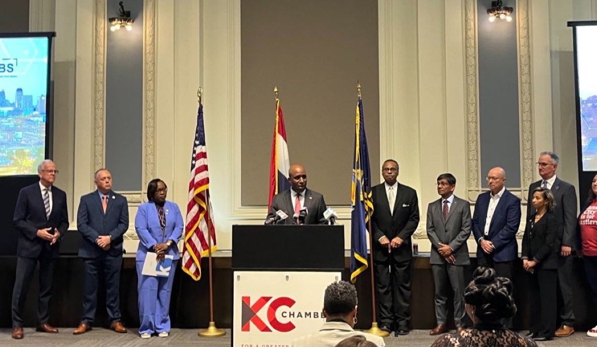 Mayor of the City of Kansas City, Missouri, Quinton Lucas is joined by DeAngela Burns-Wallace, Ed.D., president and CEO of the Kauffman Foundation, as well as other key stakeholders during the announcement that out of 300+ applications nationwide, Kansas City was selected as one of 31 communities to be designated a Tech Hub by the U.S. Department of Commerce under the CHIPS Act.