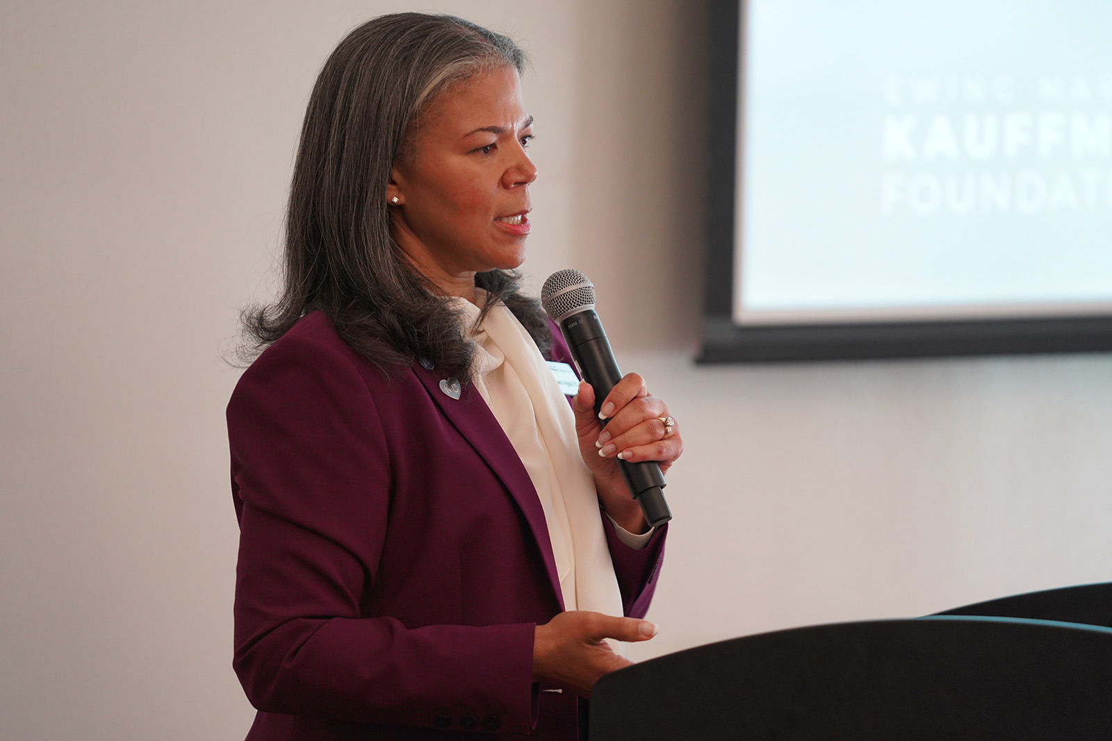 Dr. Yvonne Owens Ferguson, chief research, learning, and evaluation officer, speaks at the inaugural Economic Mobility, Research, and Data Forum at the Kauffman Foundation in November 2024.