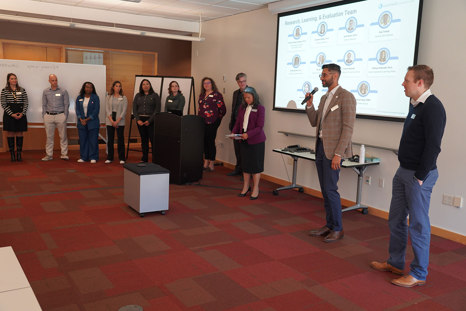 The Kauffman Foundation's Research, Learning, and Evaluation team introduces themselves to attendees at the inaugural Economic Mobility, Research, and Data Forum in November 2024.