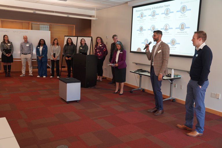 The Kauffman Foundation's Research, Learning, and Evaluation team introduces themselves to attendees at the inaugural Economic Mobility, Research, and Data Forum in November 2024.