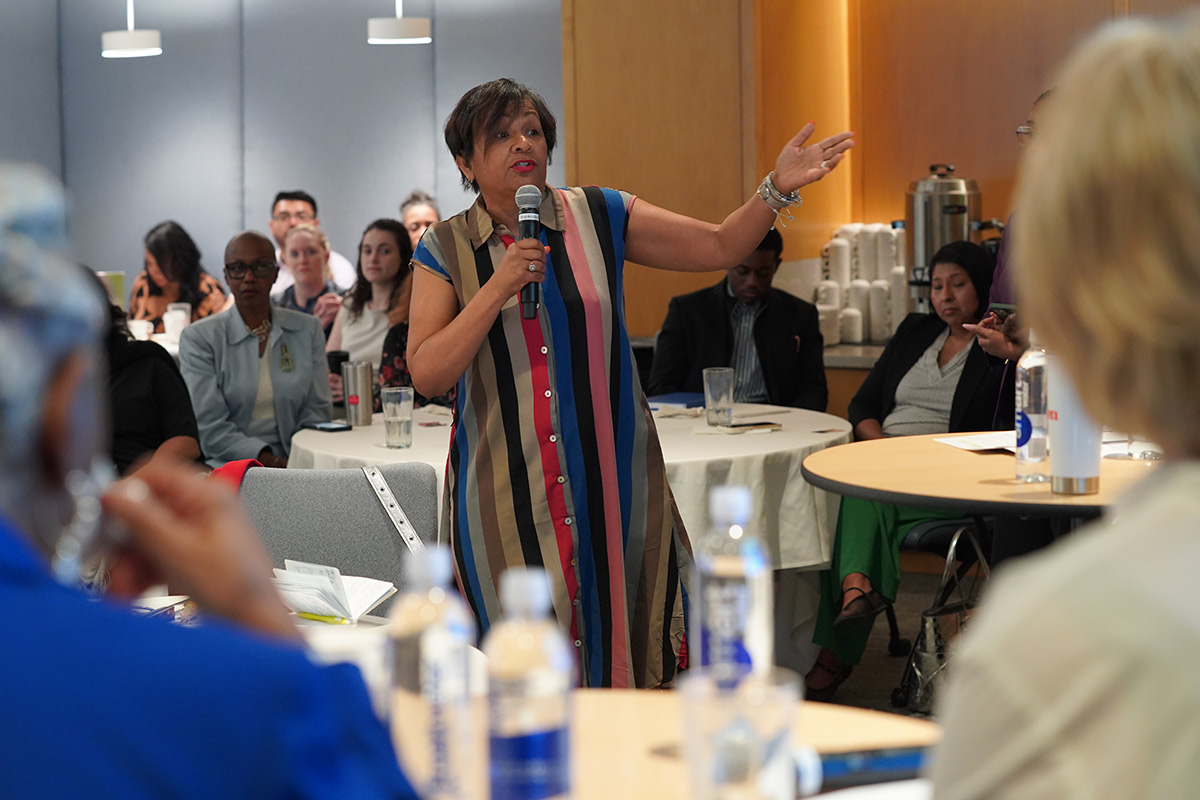 Attendees gather for the Women's History Month fireside chat at the Ewing Marion Kauffman Foundation Conference Center.