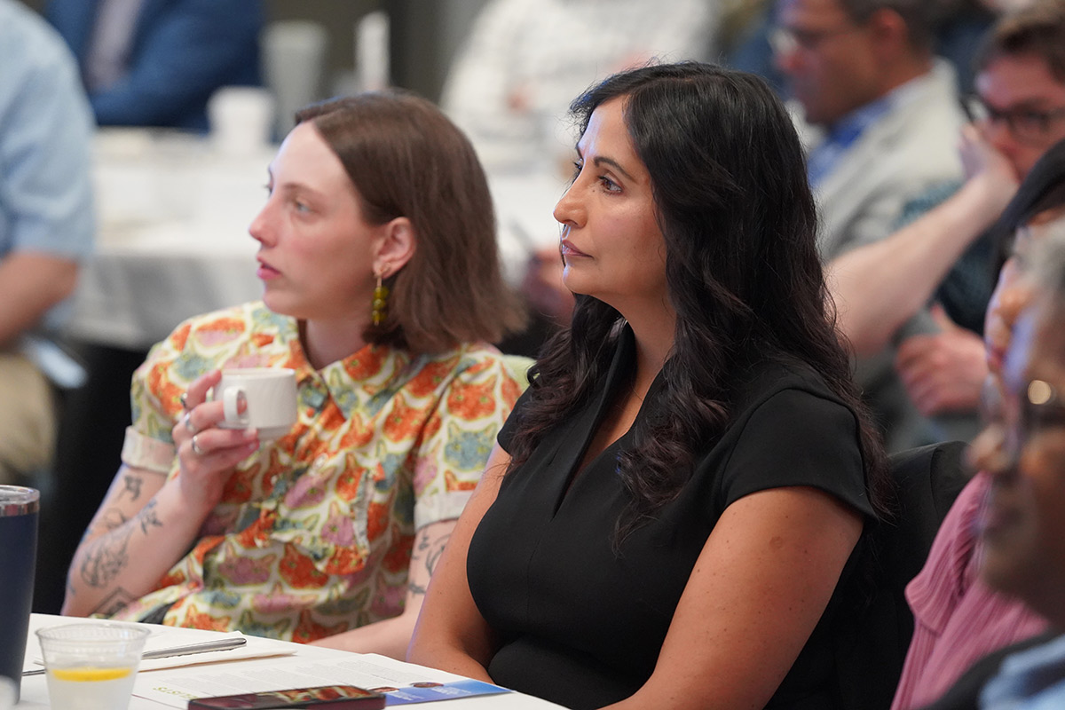 Attendees gather for the Women's History Month fireside chat at the Ewing Marion Kauffman Foundation Conference Center.