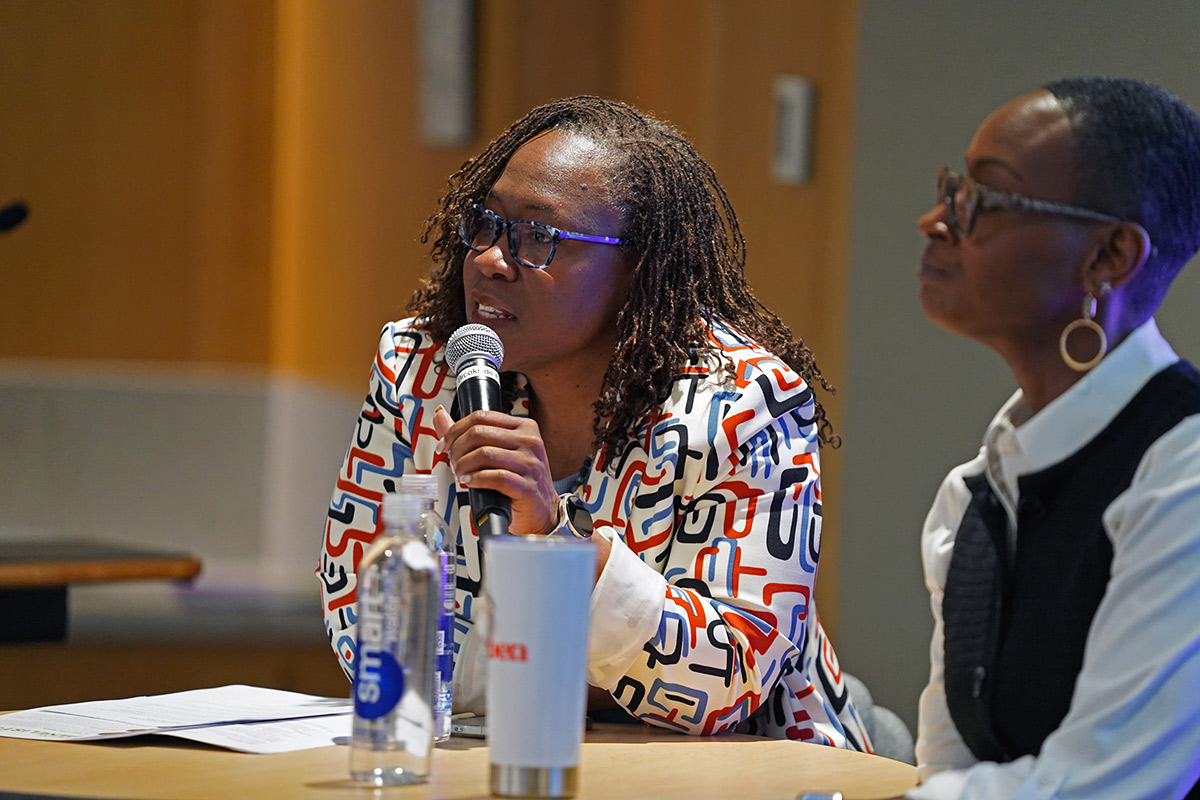Dr. DeAngela Burns-Wallace at the Women's History Month fireside chat at the Ewing Marion Kauffman Foundation Conference Center.