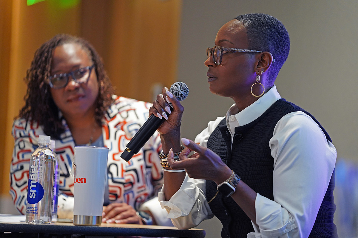 Qiana Thomason at the Women's History Month fireside chat at the Ewing Marion Kauffman Foundation Conference Center.