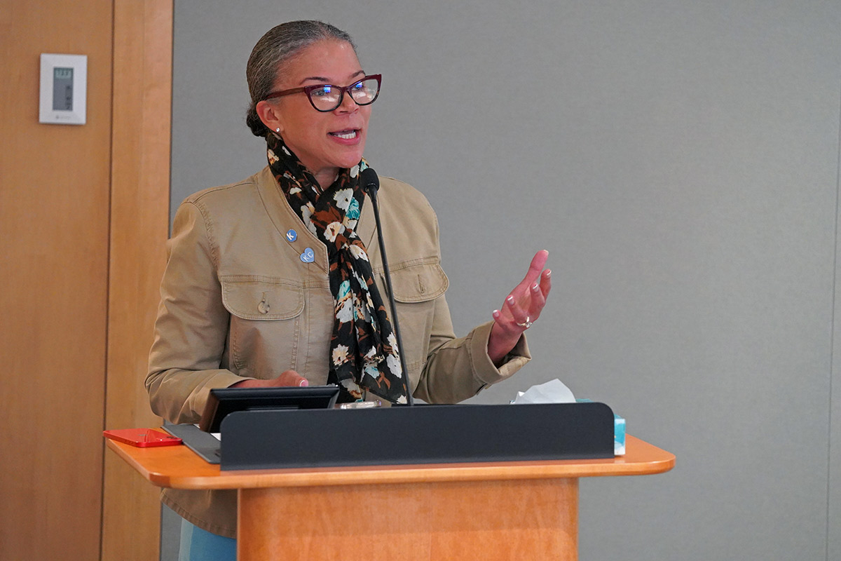 Dr. Yvonne Ferguson at the Women's History Month fireside chat at the Ewing Marion Kauffman Foundation Conference Center.