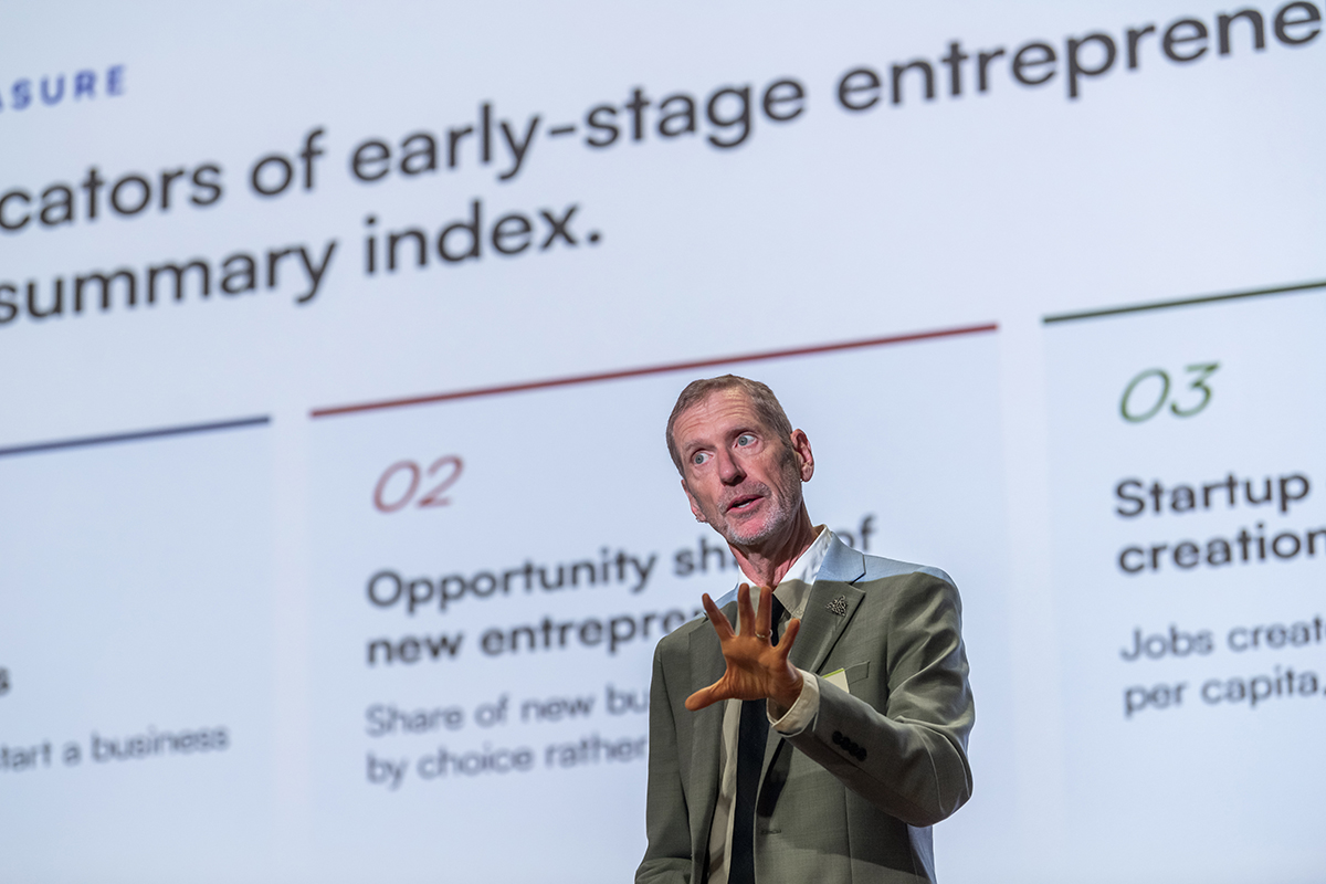A presenter stands in front of a projected screen sharing insights from the Kauffman Indicators of Early-Stage Entrepreneurship